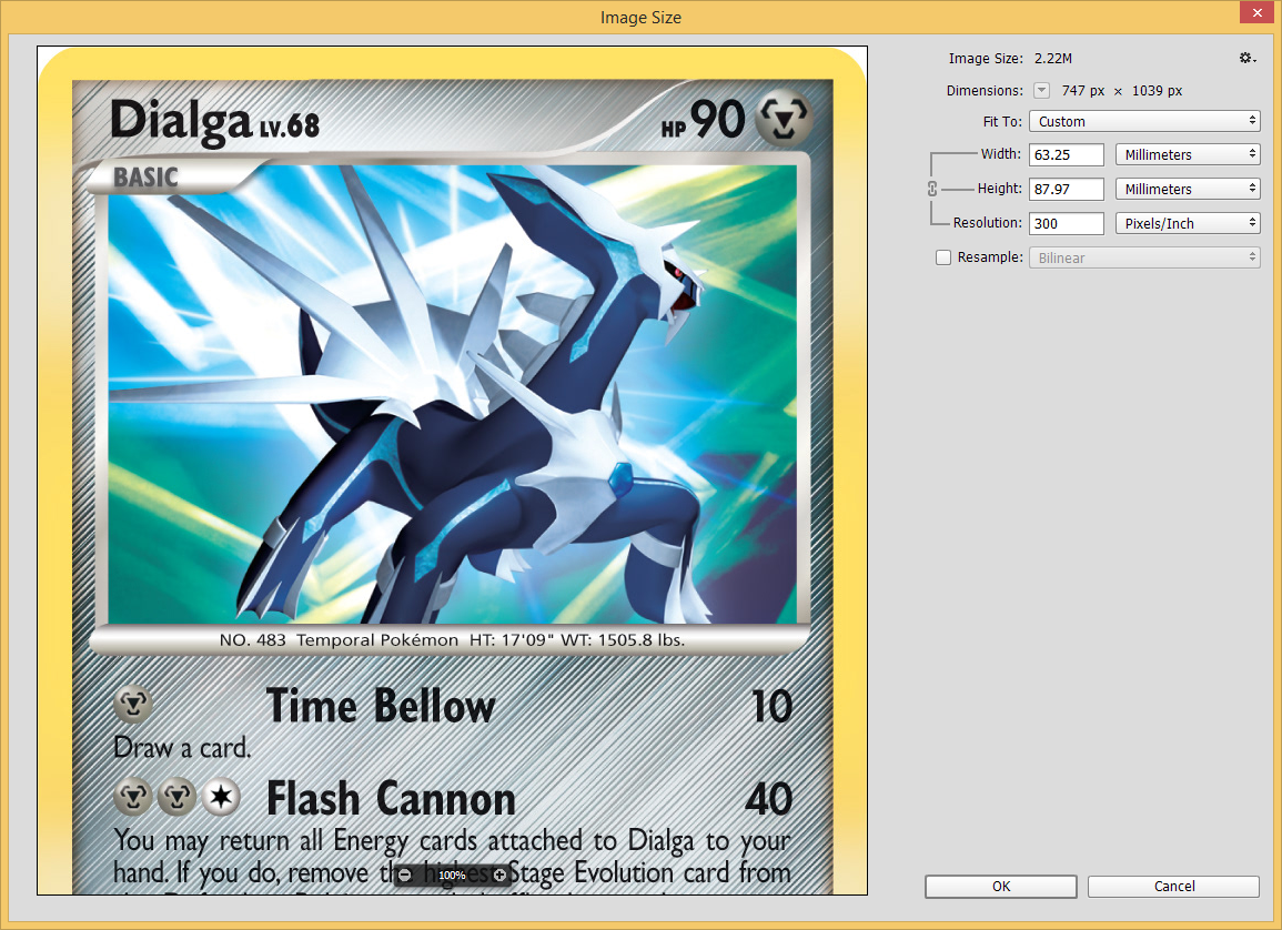 Photoshop dimensions of Raw Dialga showing its 300 dpi basis
